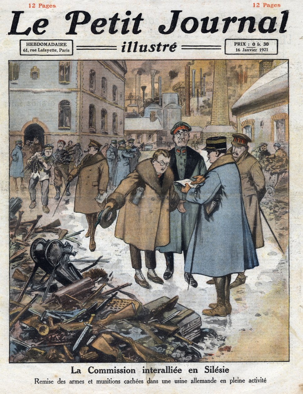 After the war: Uprising in Upper Silesia between the German and Polish communities. The Interallied Commission intervenes in Silesia and recoils weapons from German factories. Illustration taken from 