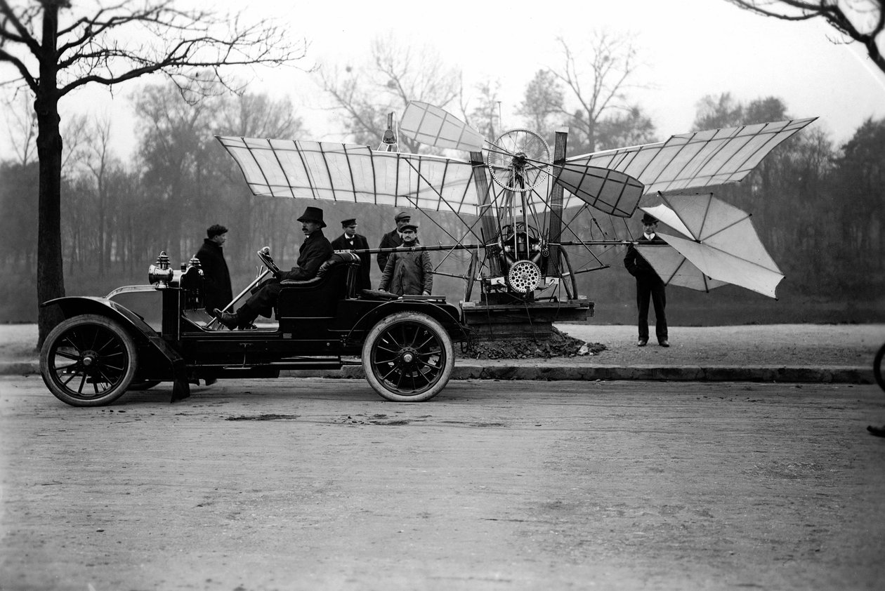 Airman Alberto Santos Dumont carrying his plane in his car. Private Collection by Anonymous Anonymous