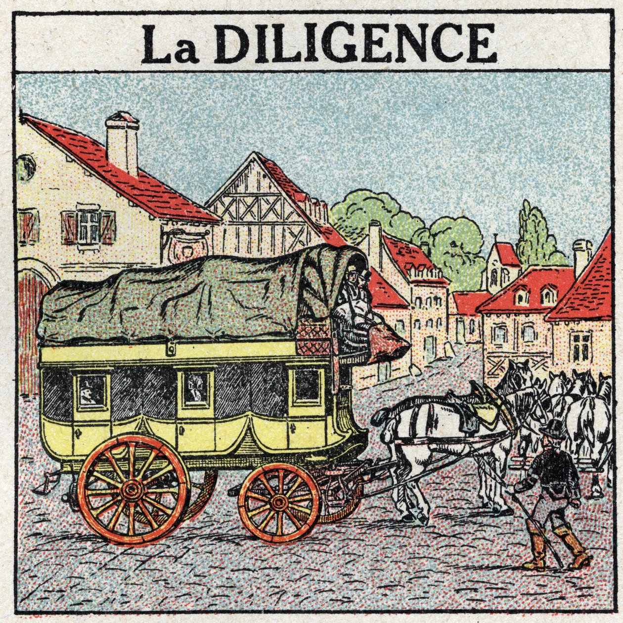 Animal traction: the diligence. Anonymous illustration of 1925. Private collection. by Anonymous Anonymous