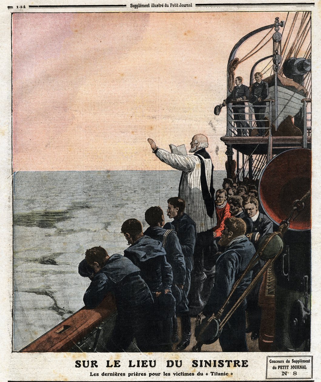 At the scene of the disaster, the last prayers for the victims of the Titanic. On its inaugural journey from Southampton to New York, the Titanic struck an iceberg on the night of April 14 by Anonymous Anonymous