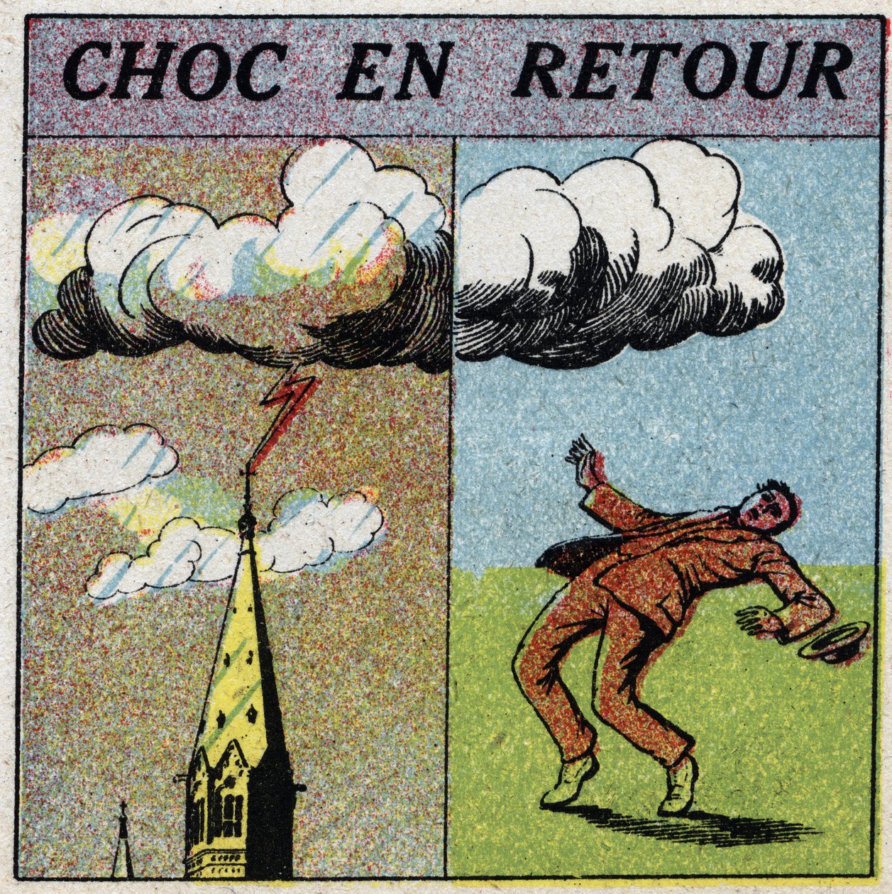 Atmospheric electricity: shock in return. A man is electrocuted because he is in the field of influence of a lightning zone. Anonymous illustration from 1925. Private collection. by Anonymous Anonymous