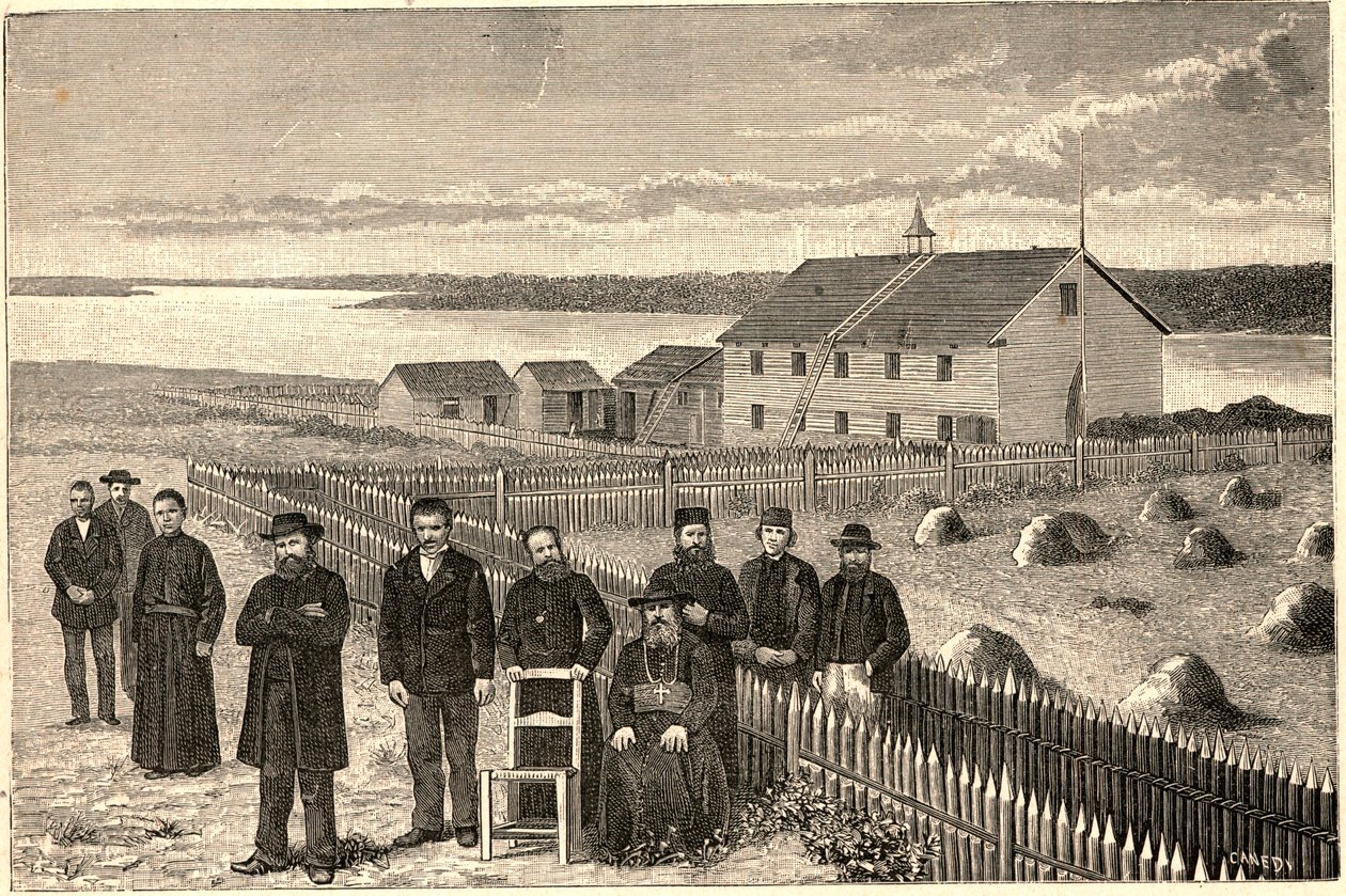 Bishop Isidore Clut, R.P. Le Corre and other members of the Providence Mission in Athabaska Mackenzie in Canada at the end of the 19th century. Engraving in 