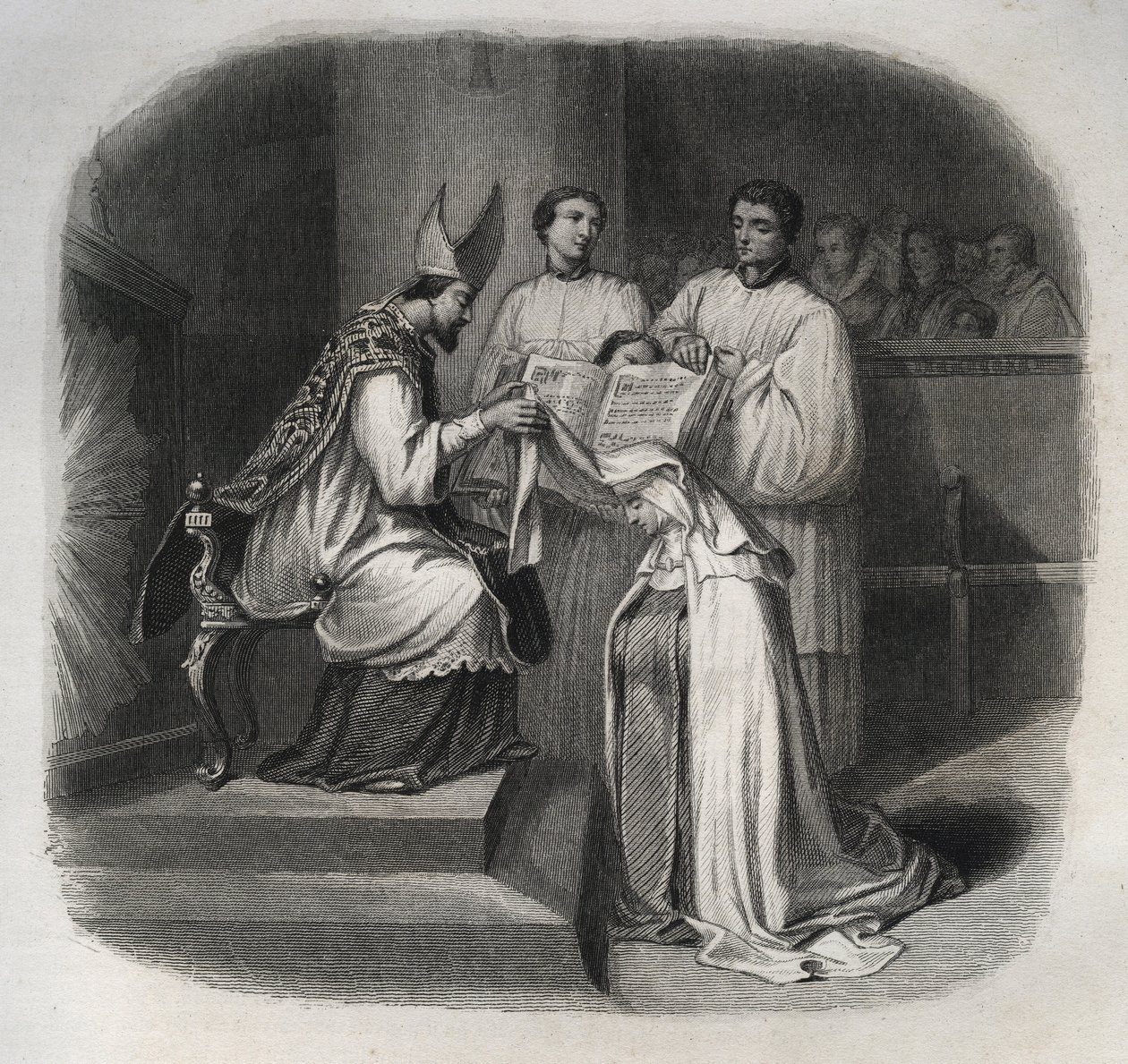 Blessed Mary of the Incarnation (Jeanne Avrillot) (1566-1618) French Mystic Receiving the Veil of Carmelite in 1614. Engraving from 1846 in 