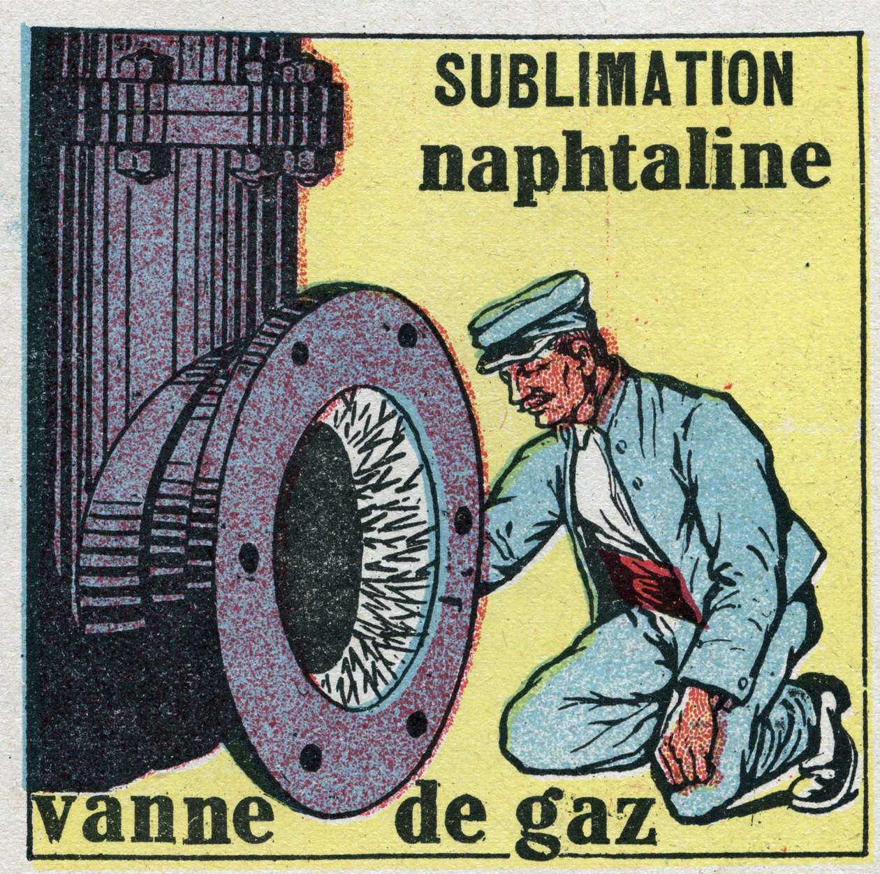 Changes in states: sublimation. Naphthaline depot clogging a gas valve. Anonymous illustration from 1925. Private collection. by Anonymous Anonymous