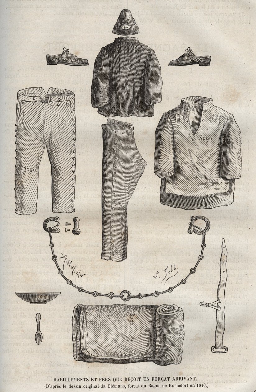 Clothing and irons received by a force arriving at the bagne de Rochefort in the 19th century. Engraving in 