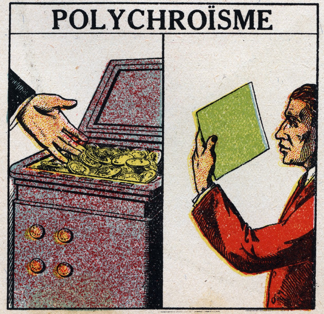 Colors: polychroism. Gold coins are yellow, but thin-layer gold is green in colour. Anonymous illustration from 1925. Private collection. by Anonymous Anonymous