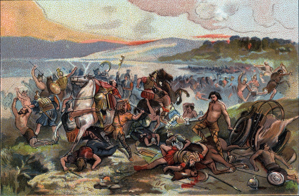 Conquest of Gaul: the battle of Presles in 60 BC opposing the people of the Nervians led by Boduognat to the Roman army of Julius Caesar. Advertising chromolithography of Antoine chocolates in Brussels, beginning of the 20th century. Private Collection by Anonymous Anonymous