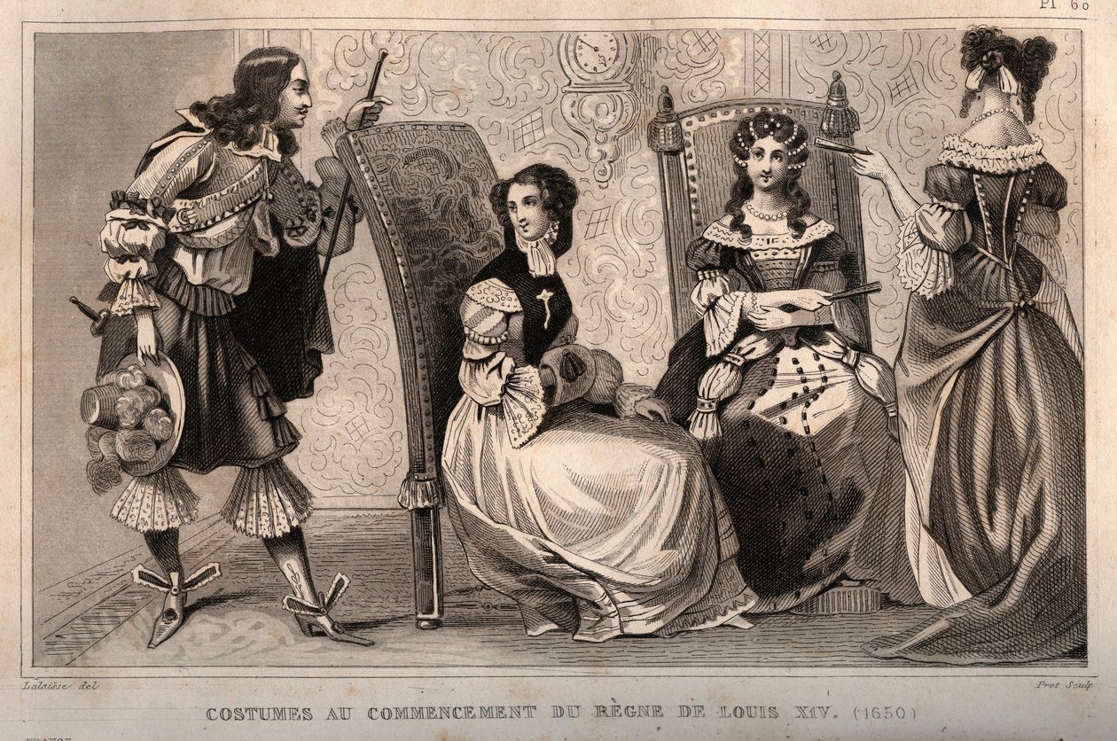 Costumes at the beginning of the reign of Louis XIV (1650). Engraving from 1859 in Le Monde. History of all peoples from the most remote times to the present day by M. E. de Lostalot-Bachoue. Private collection. by Anonymous Anonymous