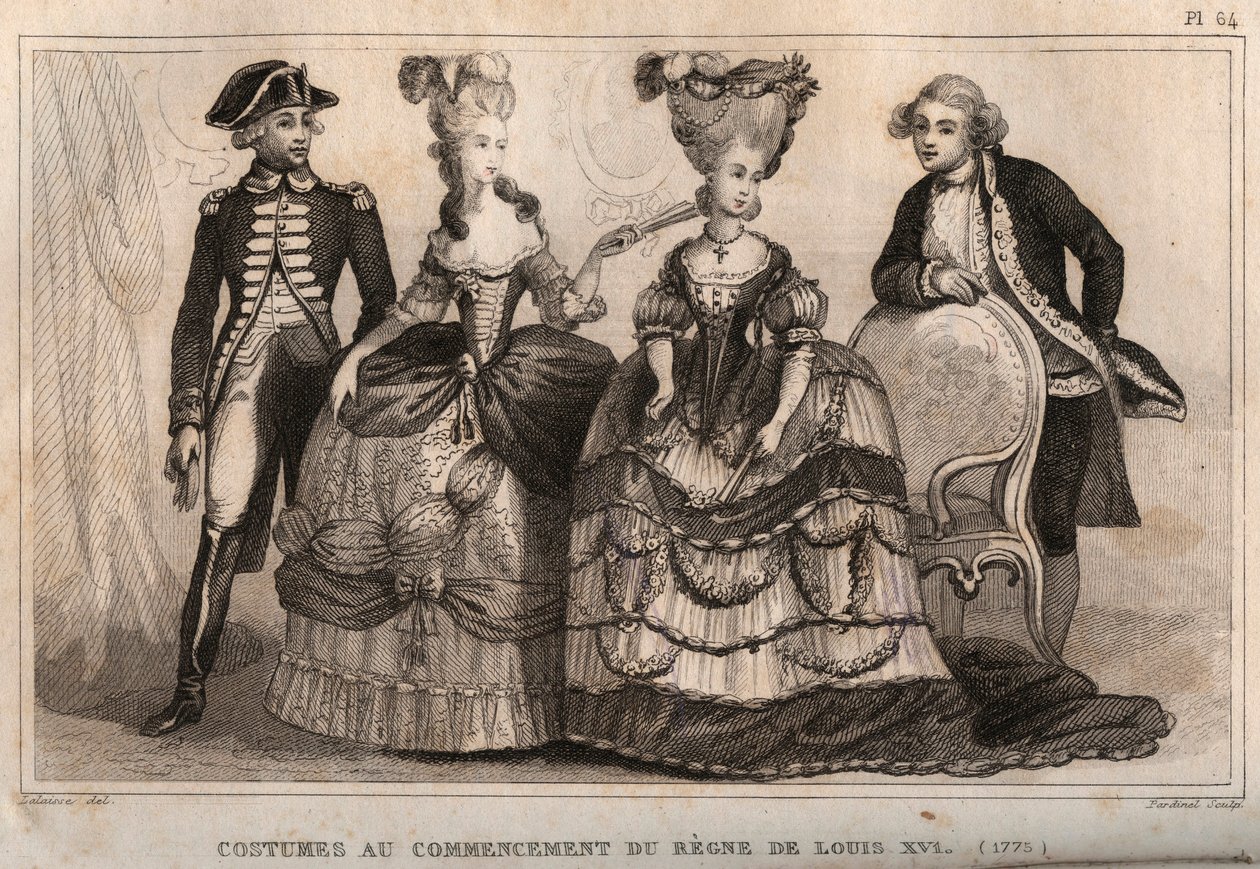 Costumes at the beginning of the reign of Louis XVI. Engraving from 1859 in 