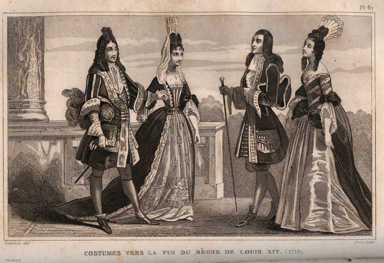 Costumes towards the end of the reign of King Louis XIV. Engraving from 1859 in 