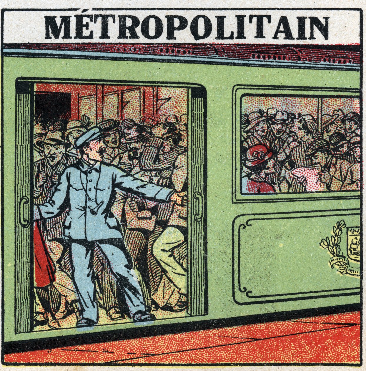 Electric trams: passengers piling up in the Metropolitain in Paris. Anonymous illustration from 1925. Private collection. by Anonymous Anonymous