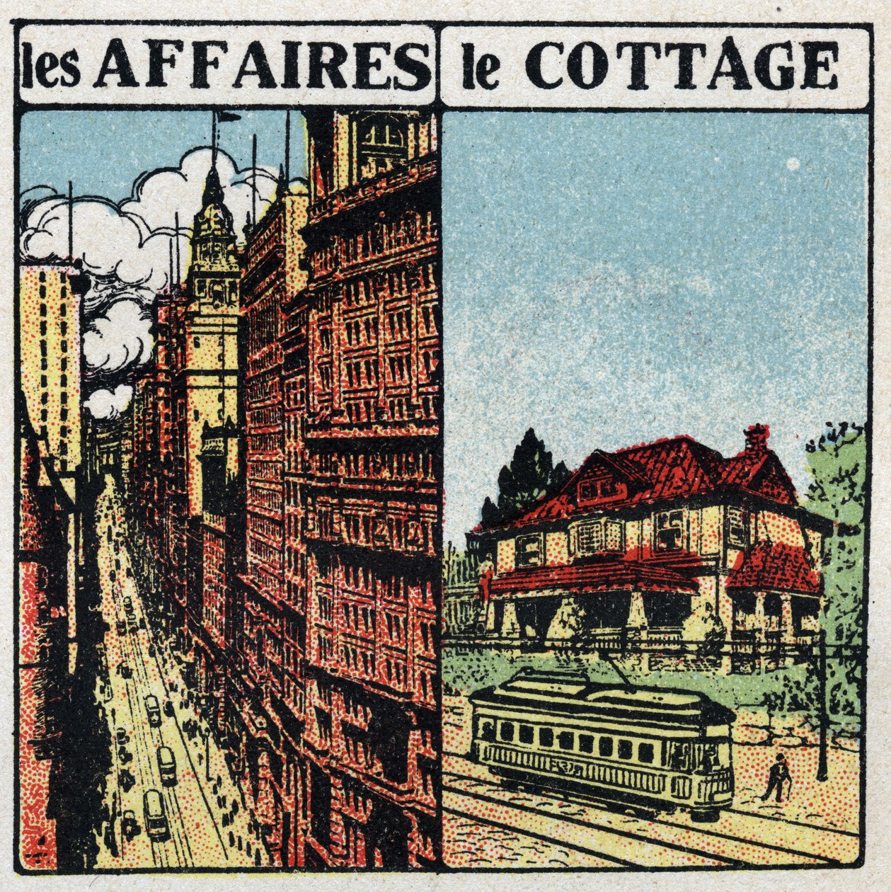 Electric trams: tram line in the city and in the countryside. Anonymous illustration from 1925. Private collection. by Anonymous Anonymous