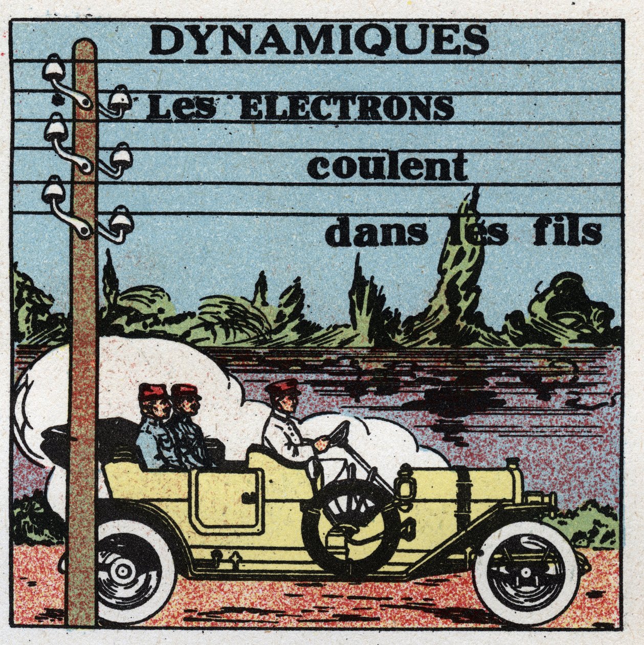 Electrical phenomena: dynamic phenomena. Electrons flow through electrical wires. Anonymous illustration from 1925. Private collection. by Anonymous Anonymous