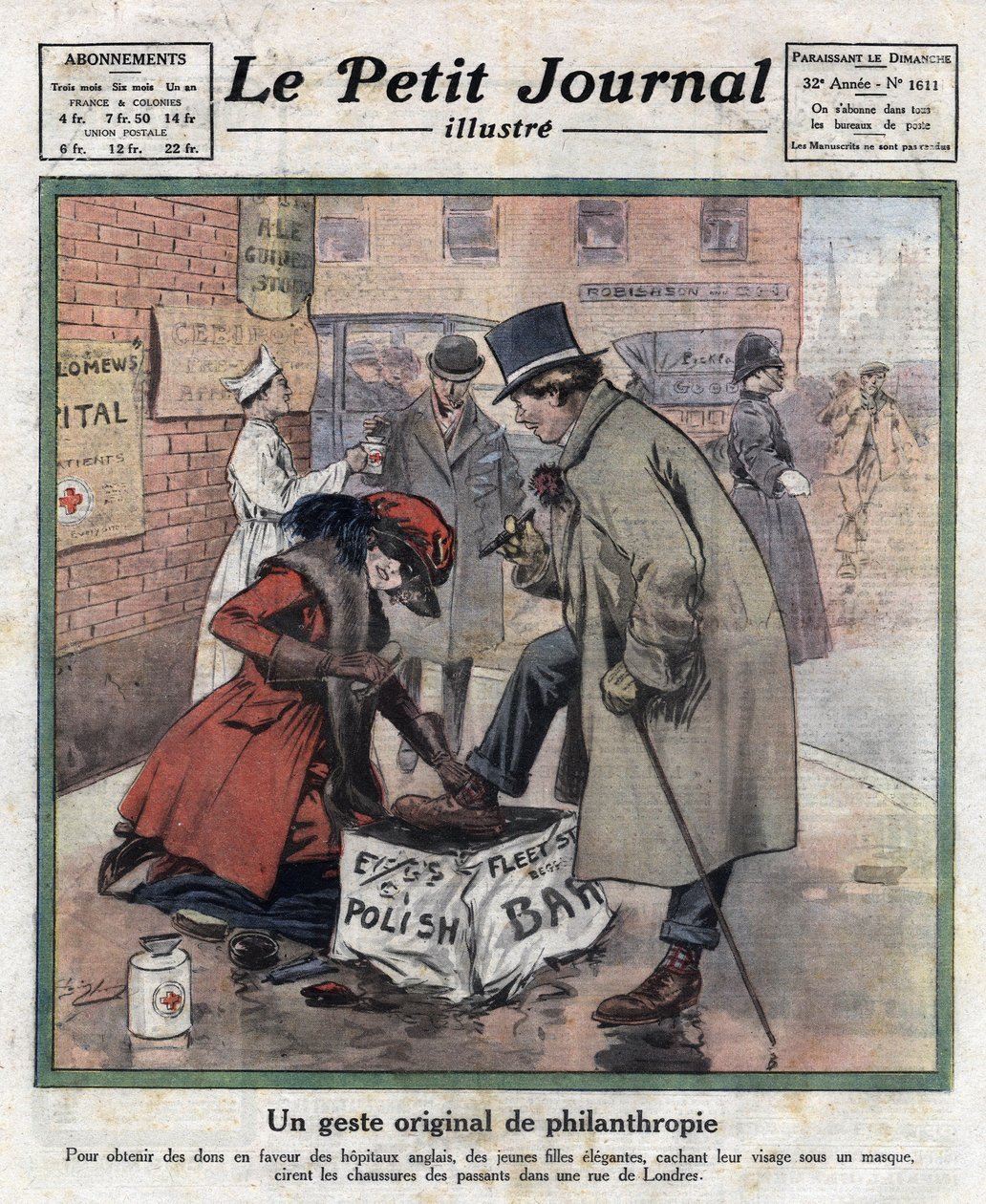 Elegant young girls, their faces hidden behind masks, polish the shoes of London passers-by to raise money for English hospitals. Illustration taken from 