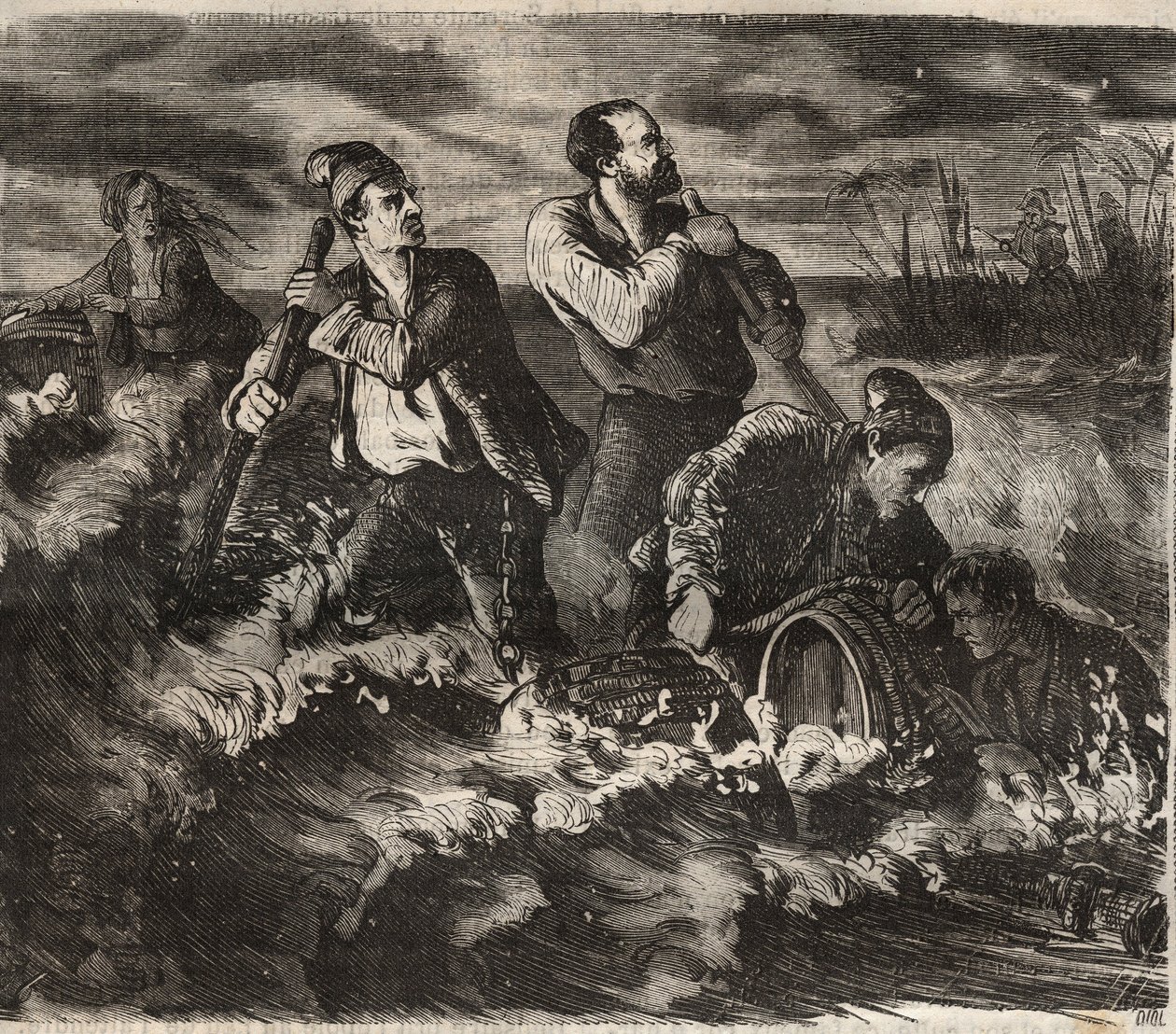 Escape from the bagne of Belle-Ile-en-Mer in the 19th century. Engraving in Histoire des bagnes depuis leur création à nos jours (1877) by Pierre Zaccone. by Anonymous Anonymous