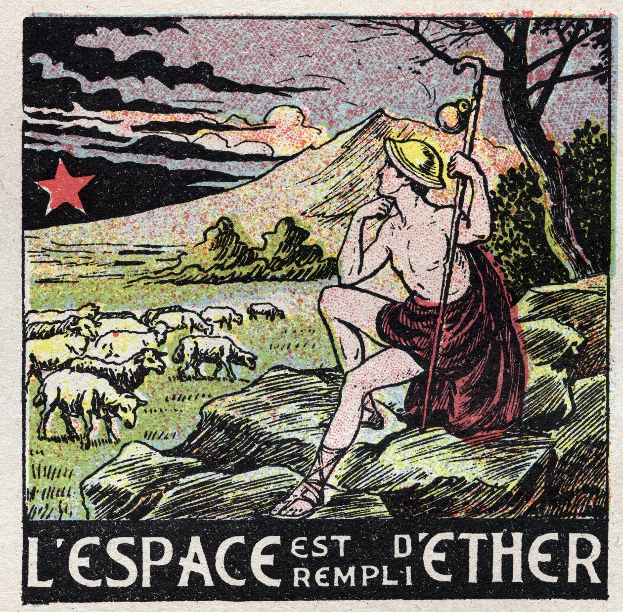 Ether (material): the space is filled with ether. A shepherd from Antiquity contemplating the sky. Anonymous illustration from 1925. Private collection. by Anonymous Anonymous
