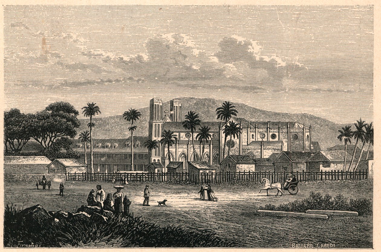 Exterior view of the Cathedral of Port of Spain in Trinidad. Engraving in 