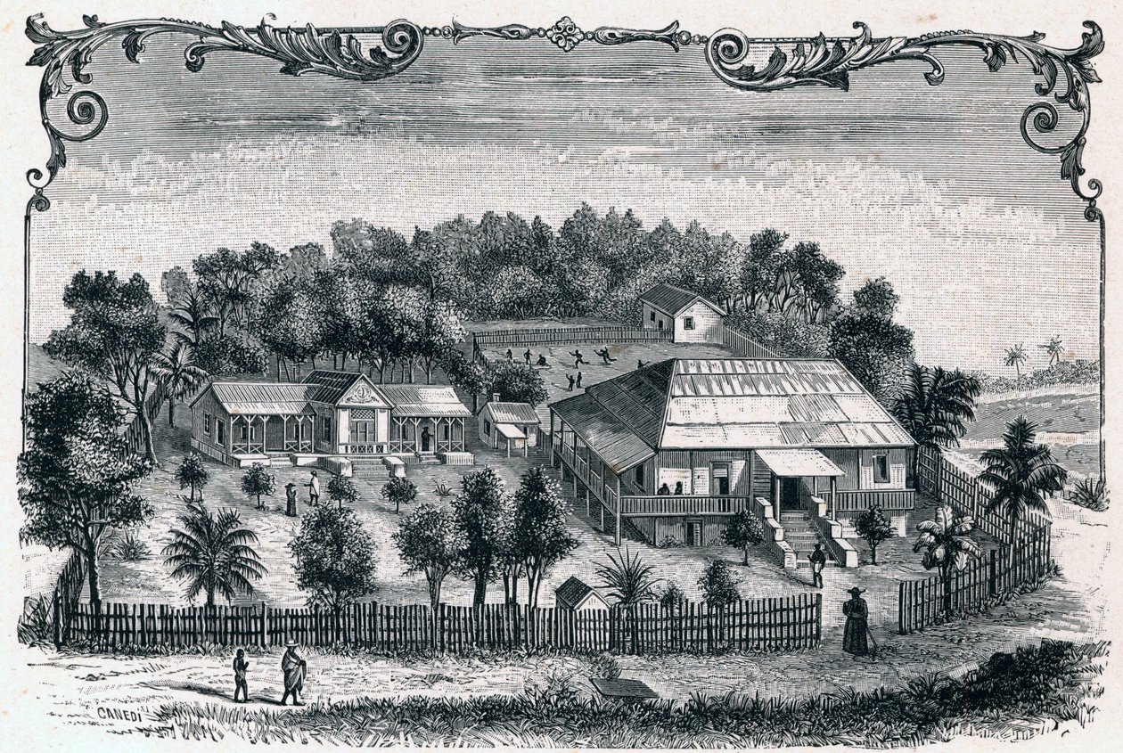 Exterior view of the rectory and school of Hell Ville (Andoany), capital of the island of Nosy Be in Madagascar. Engraving in 