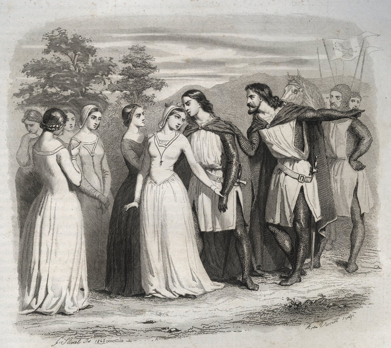 Farewell of Saint Elizabeth of Hungary to Her Husband, Louis IV of Thuringia, Leaving for the 6th Crusade in 1227. Engraving from 1846 in 