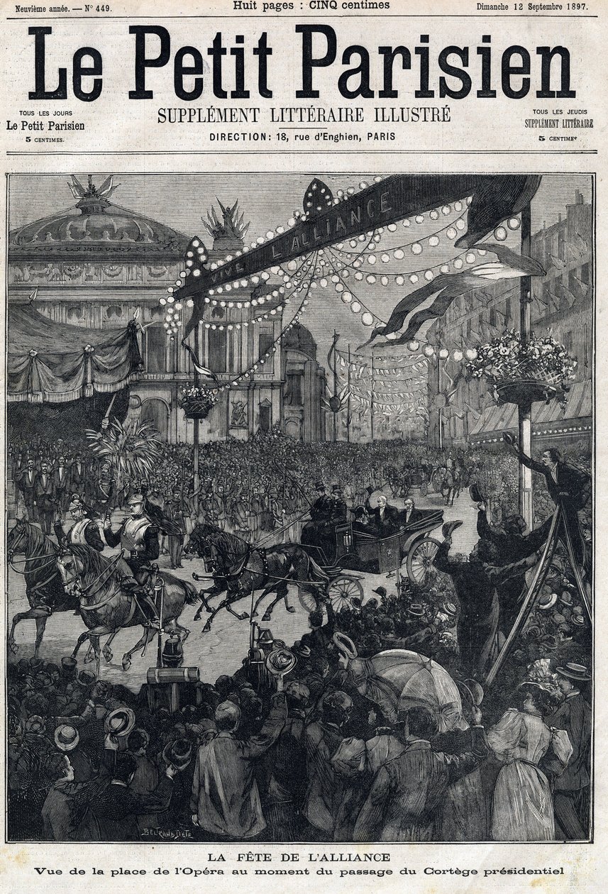 Feast of the Franco-Russian Alliance: view of the Opera Square during the passage of the Presidential Cortege of Felix Faure (1841-1899). In Le Petit Parisien on 12/09/1897 by Anonymous Anonymous