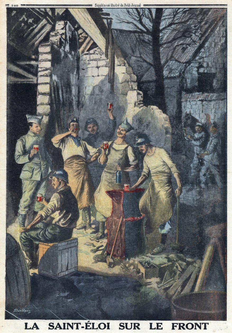 First World War 1914-1918. Celebration of Saint Eloi of soldiers on the front. They all drink a glass of red wine for the party. In 