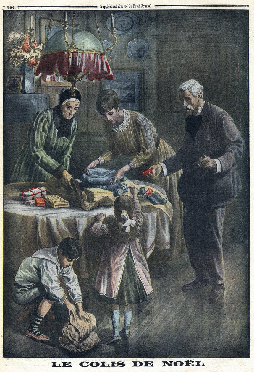 First World War 1914-1918. Christmas Gift: Children receive and unpack packages they received from their father on the battlefield on Christmas Eve. In Le Petite Journal, on 24/12/1916. Private Collection by Anonymous Anonymous