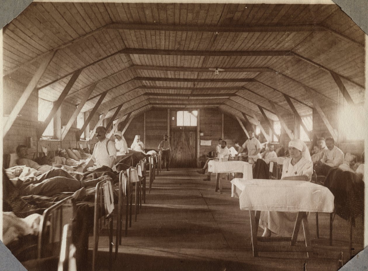 First World War 1914-1918: Wounded Soldiers and Nurses of the French Red Cross, Camp of Couville in the English Channel, Lower Normandy, France. Anonymous Photograph July 1917. Private Collection, Stella. by Anonymous Anonymous