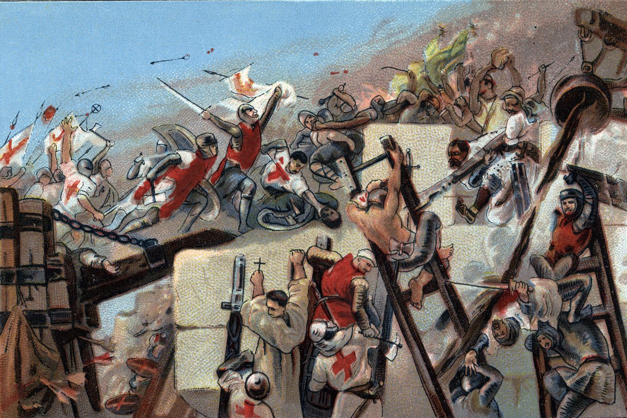 First crusade (1096-1099): the capture of Jerusalem by the crusaders led by Godefroy of Bouillon on 15 July 1099. Advertising chromolithography of Antoine chocolates in Brussels, beginning of the 20th century. Private Collection by Anonymous Anonymous