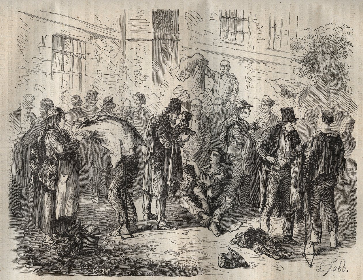 Forcats selling their belongings before entering the Toulon Bagne in the 19th century. Engraving in Histoire des bagnes depuis leur création à nos jours (1877) by Pierre Zaccone. Private collection. by Anonymous Anonymous