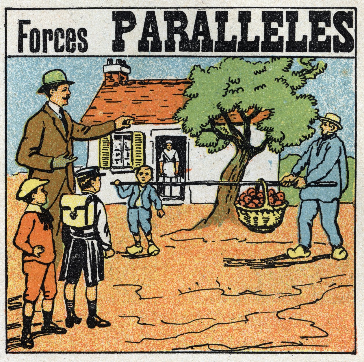 Forces: parallel forces. Basket of apples lifts with a pole by two men of different forces by Anonymous Anonymous