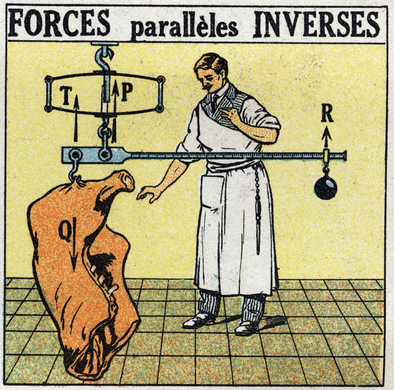 Forces: Reverse Parallel Forces. A Butcher Weighing a Meat Carcass with a Roman Scale. Anonymous Illustration from 1925. Private Collection by Anonymous Anonymous