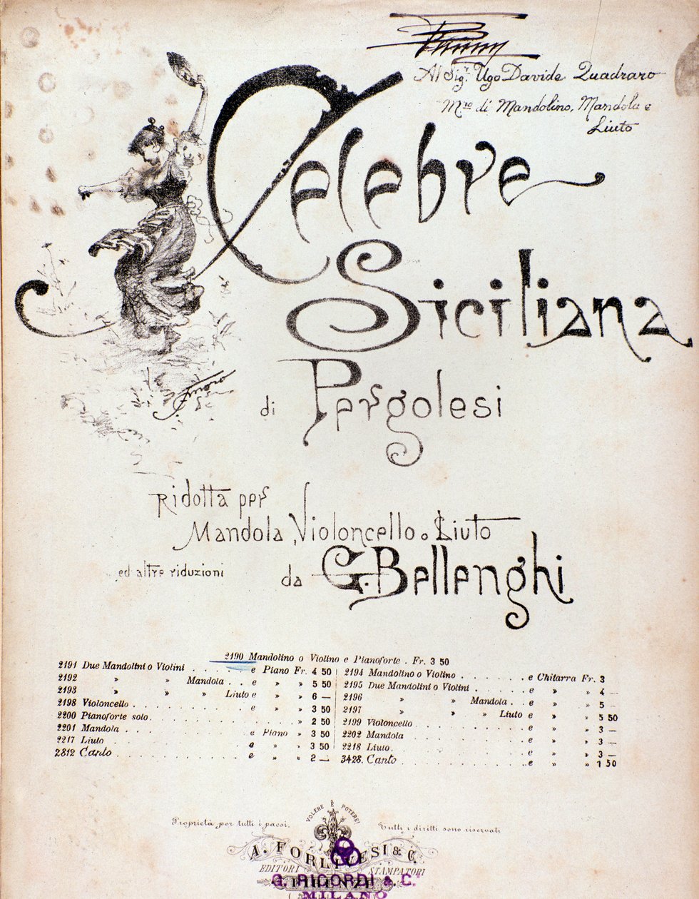 Frontispiece from musical score of Celebre siciliana attributed to GB Pergolese by Anonymous Anonymous