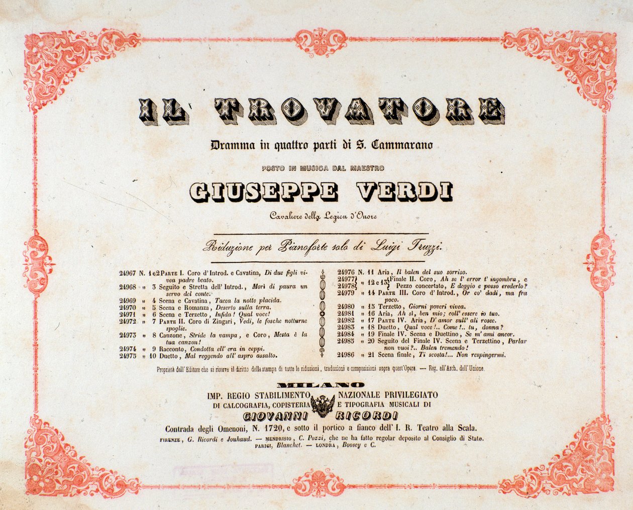 Frontispiece of Il trovatore (The Troubadour), opera by Giuseppe Verdi by Anonymous Anonymous