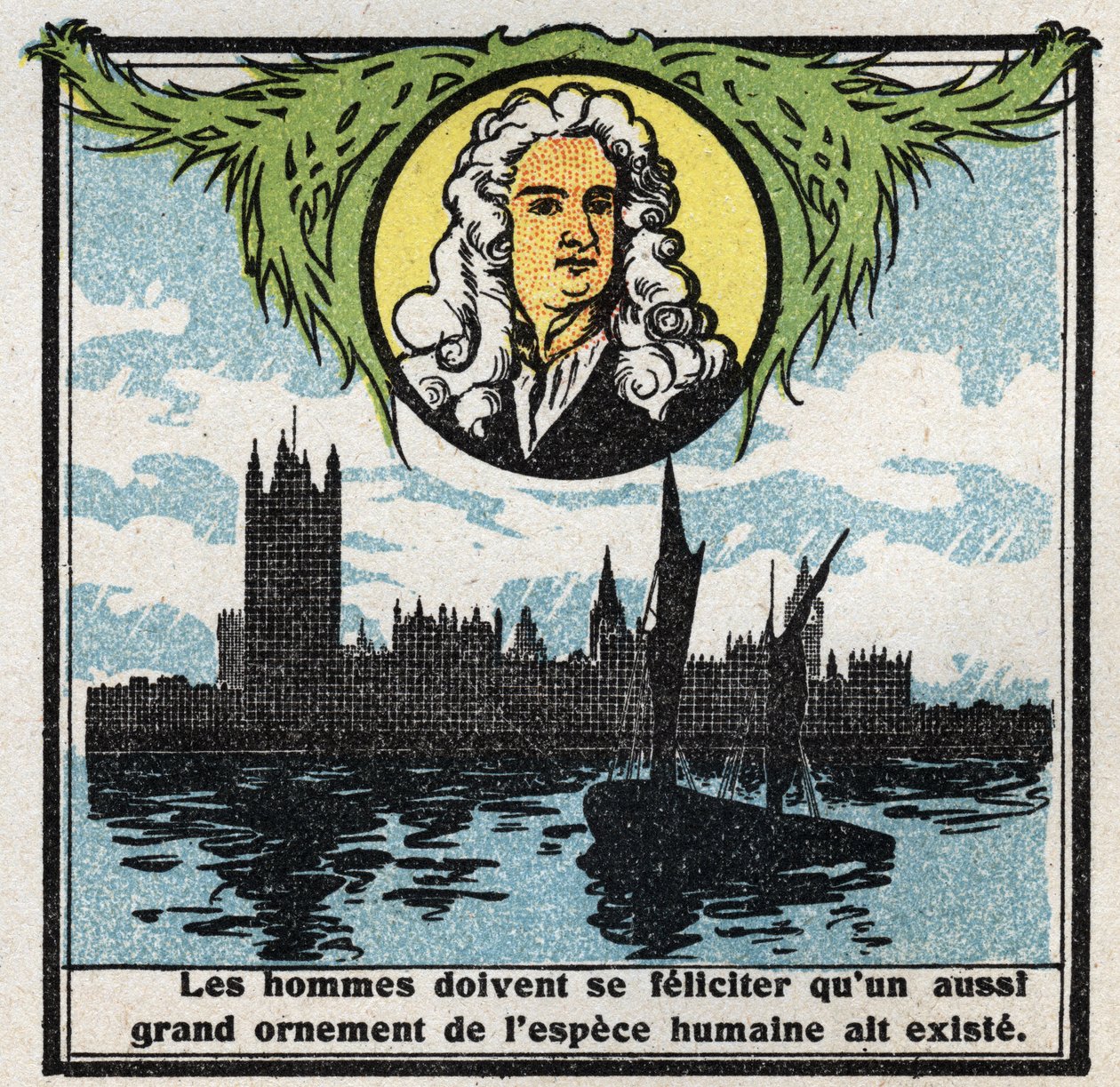 Gravitation: portrait of Isaac Newton (1642-1727) who discovered the laws of gravity. Anonymous illustration from 1925. Private collection. by Anonymous Anonymous