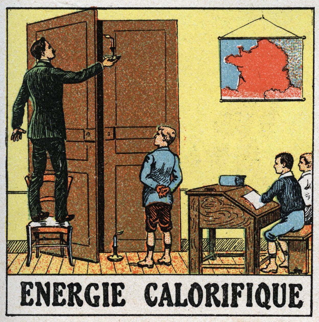 Heat energy: a teacher in a classroom holds a candle near an open door by Anonymous Anonymous