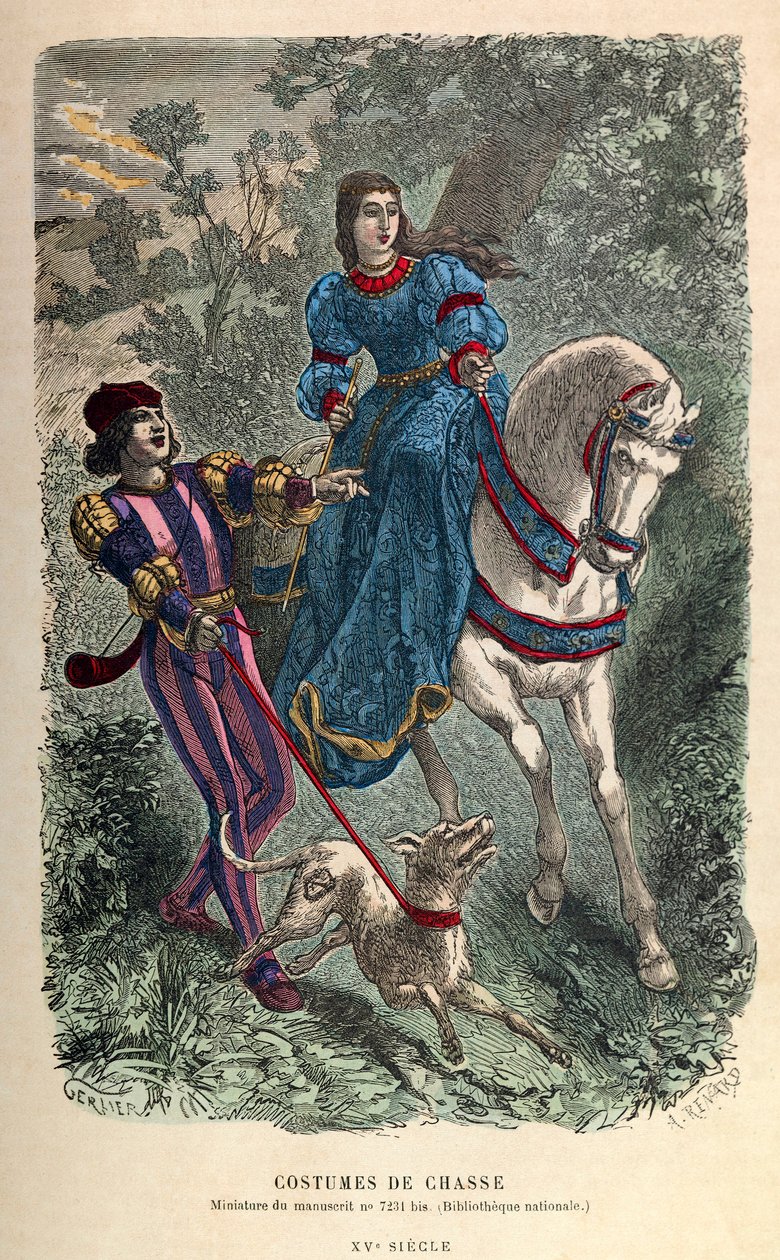 Hunting costumes in the 15th century: young riding woman with her squire by Anonymous Anonymous