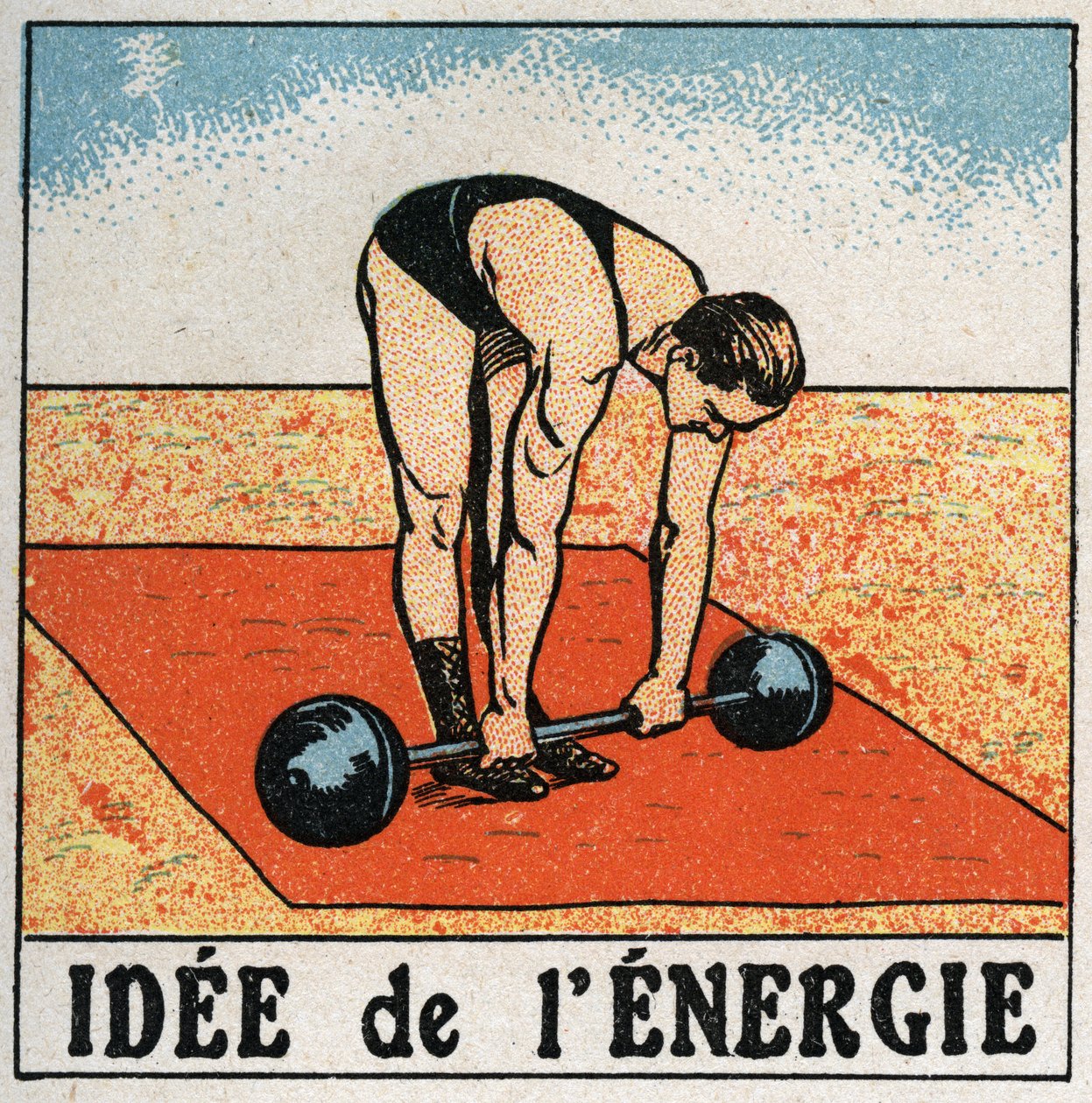 Idea of energy: athlete lifting a weight. Anonymous illustration of 1925. Private collection by Anonymous Anonymous