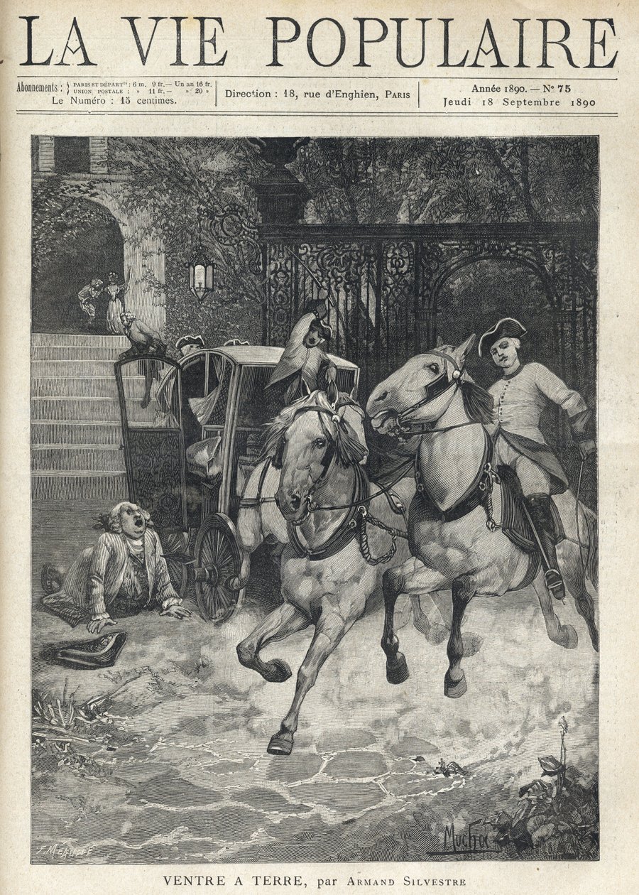 In front of the staircase of a small castle, a young rider arrives in the courtyard at full speed, spurring his horse and panicking the horses of the carriage parked by the gate, a large man wearing a powdered wig stretches on the ground after a fall due by Anonymous Anonymous