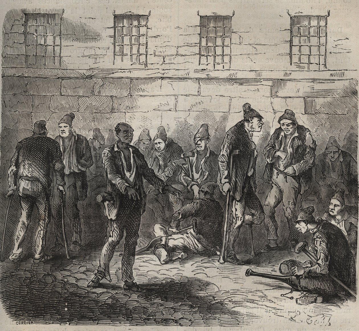 Infirm forces at the Toulon Bagne in the 19th century. Engraving in Histoire des bagnes depuis leur création à nos jours (1877) by Pierre Zaccone. Private collection. by Anonymous Anonymous