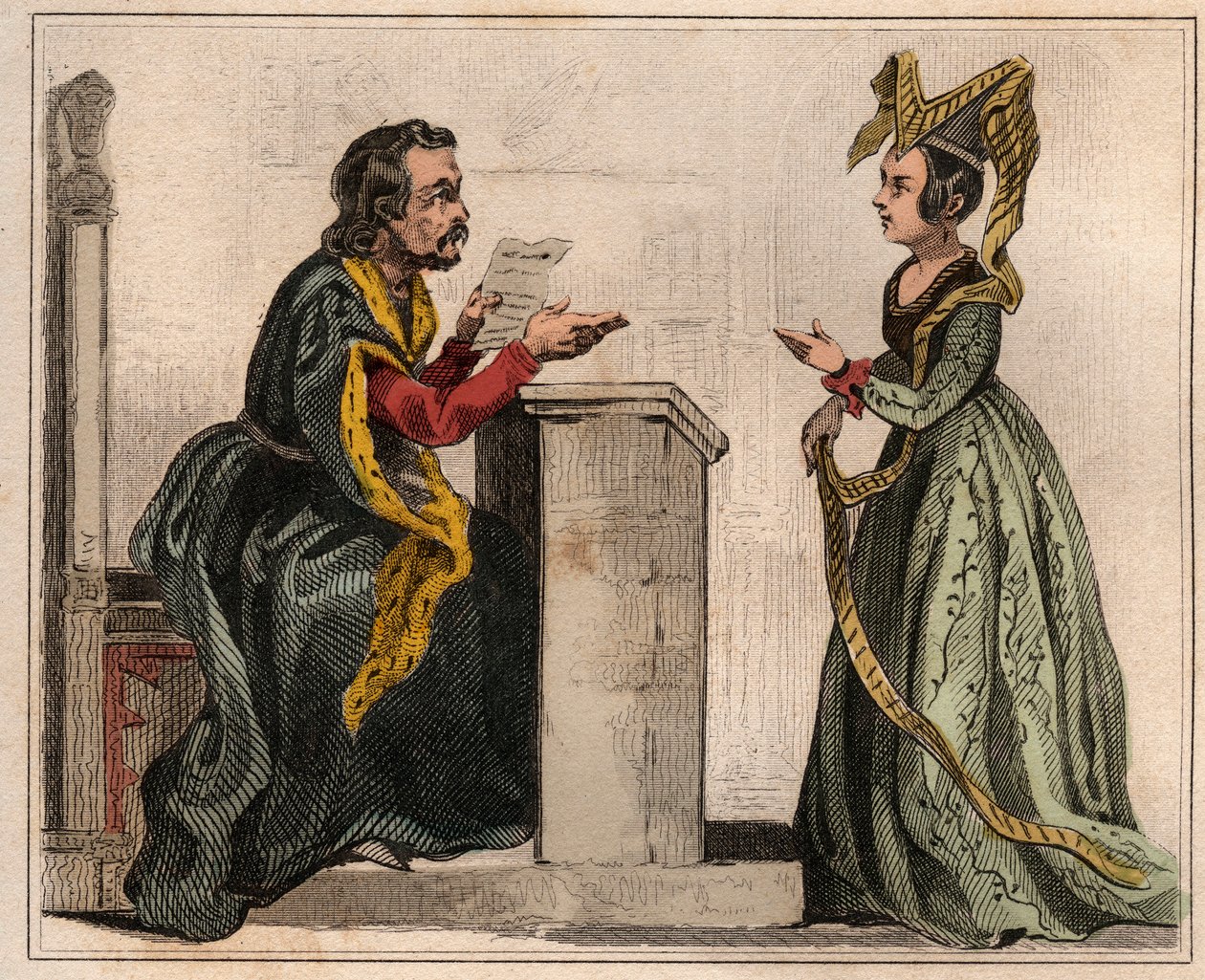 Jehan Pastoret, President of the Paris Parliament under the reign of Charles V with a noble woman, wearing a liripion. Engraving from 1859 in 