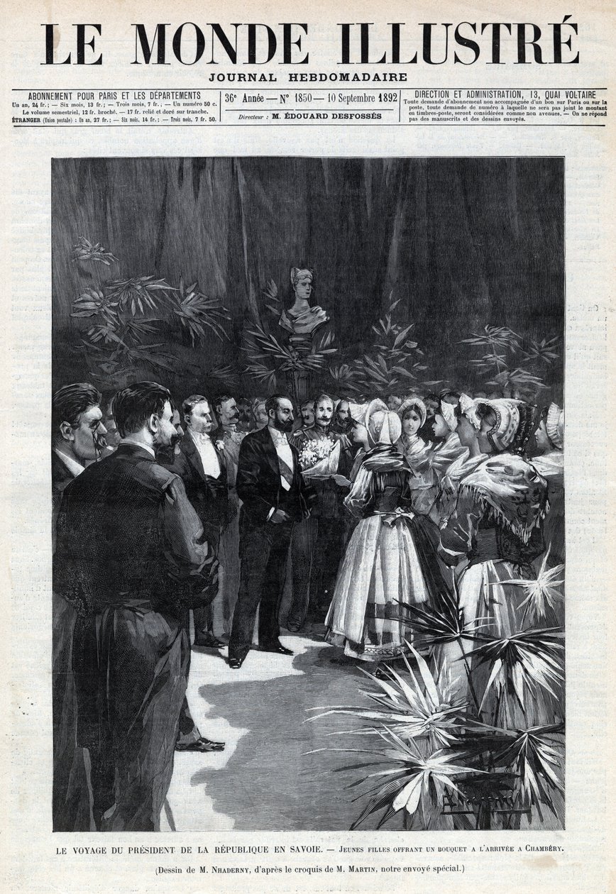Journey of Sadi Carnot (1837-1894) to Savoy: the President of the Republic is welcomed in Chambery by young girls offering him a bouquet of flowers. Engraving in Le monde illustree of 1892. Private collection by Anonymous Anonymous