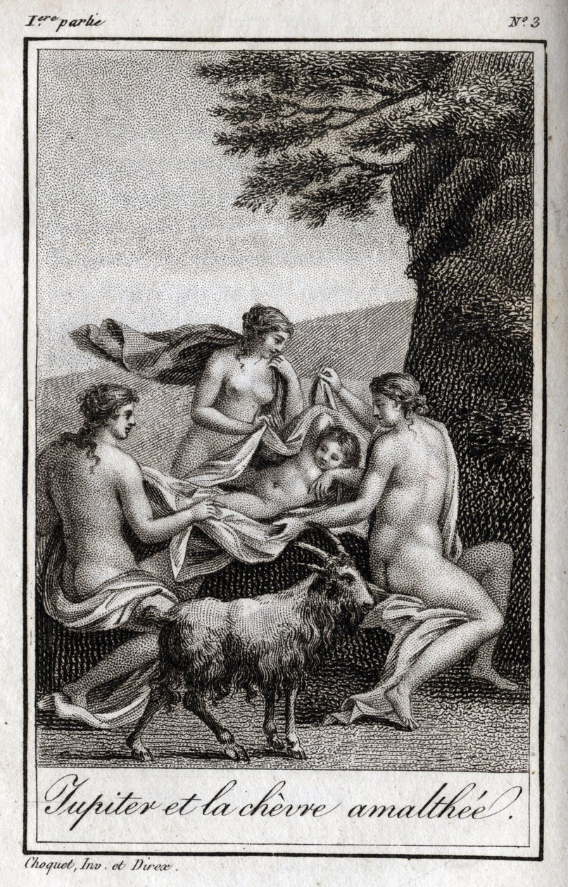 Jupiter child fed by the goat Amalthee. Engraving from 1819 in 