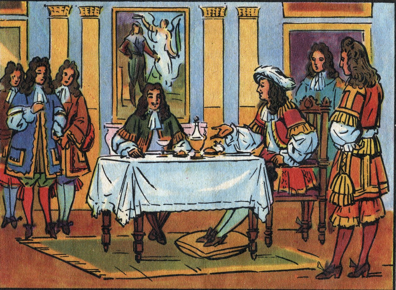 King Louis XIV (1638-1715) Received Comedian and Playwright Jean Baptiste Poquelin dit Molière (1622-1673) during a Breakfast in the Presence of the Court at the Castle of Versailles. Anonymous Illustration in 