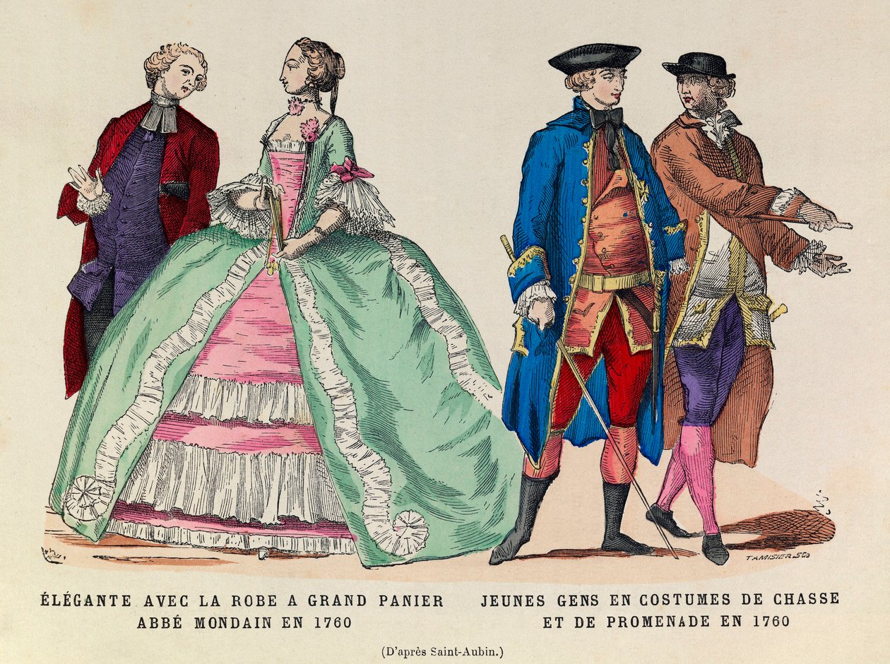 Left: Elegante with a large basket dress, mondain abbe in 1760 / Right: Young men in hunting and walking suit in 1760 (reign of King Louis XV) - private collection by Anonymous Anonymous