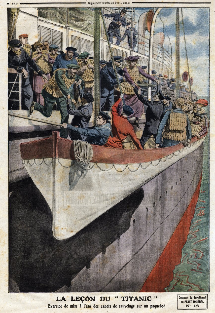 Lifeboat Exercise Onboard a Liner Following the Sinking of the RMS Titanic - Illustration from 