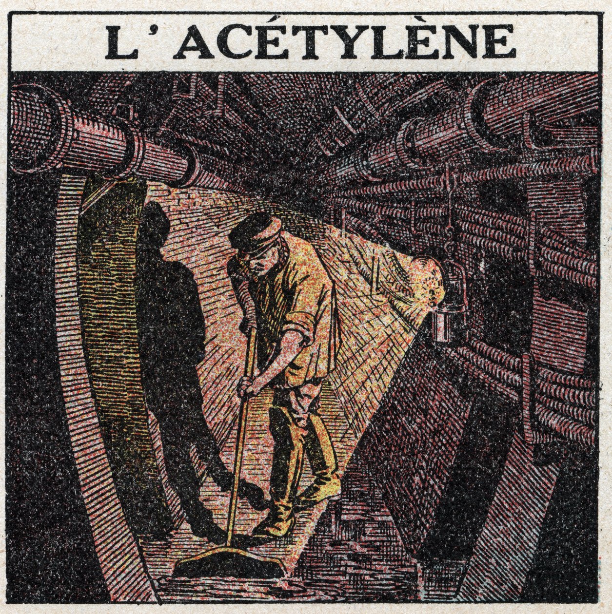 Light sources: illumination by acetylene used in drums. Anonymous illustration from 1925. Private collection. by Anonymous Anonymous