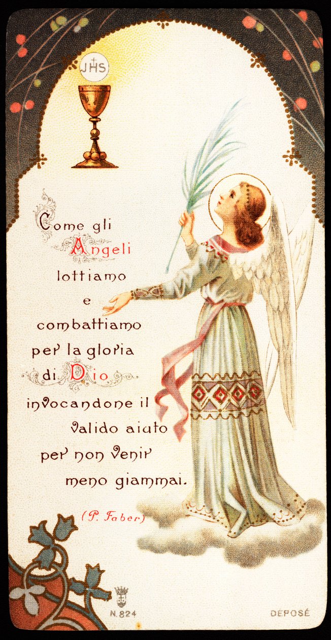 Like the angels we fight and fight for the glory of God. Pious image with a chalice and a host in which we see the monogram of Jesus Christ, JHS (JHS). 20th century. Private Collection by Anonymous Anonymous