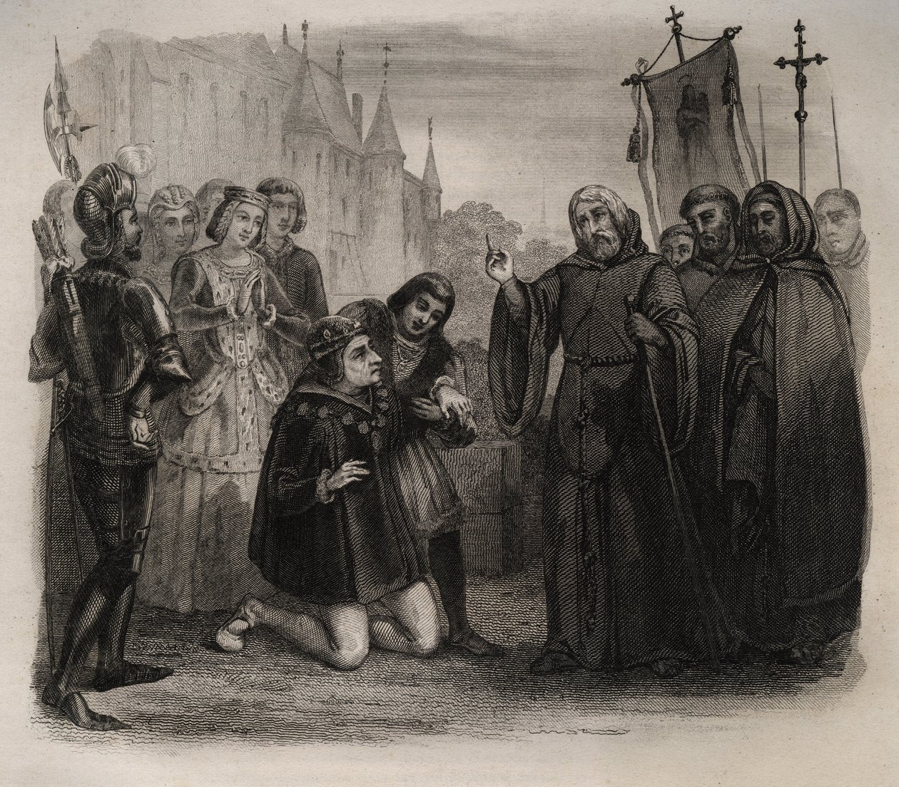 Louis XI (1423-1483) asking for his healing to Francois de Paule (1416-1507). Engraving of 1846 in 