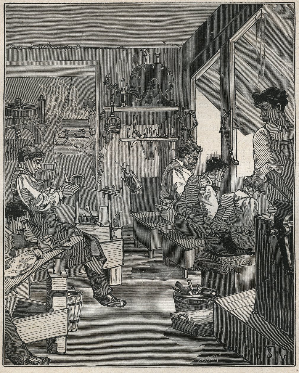 Manufacture of combs in a workshop in France in the 19th century. Engraving from 1885 in 