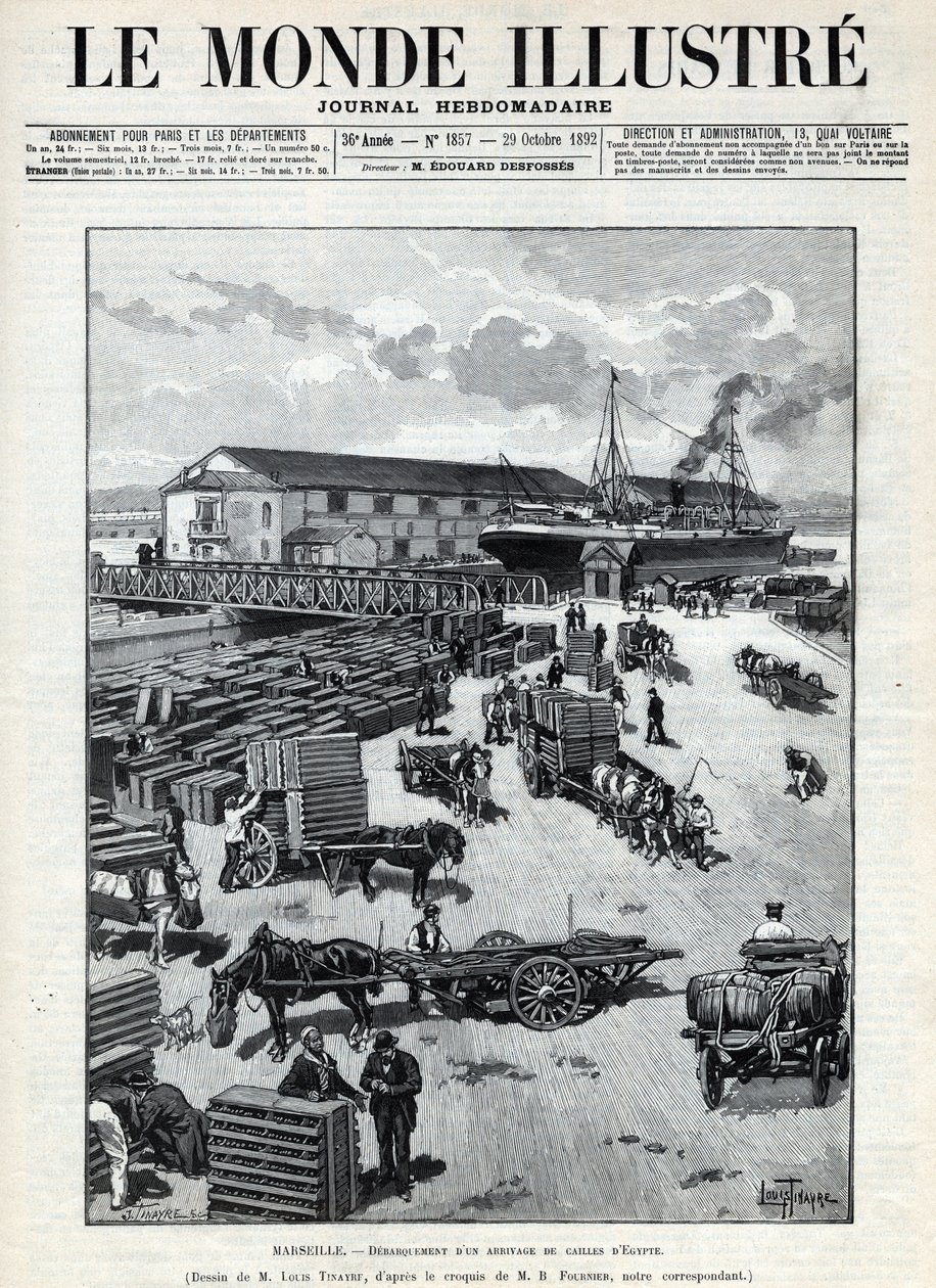 Maritime trade: arrival of quail from Egypt in the port of Marseille. Engraving in 